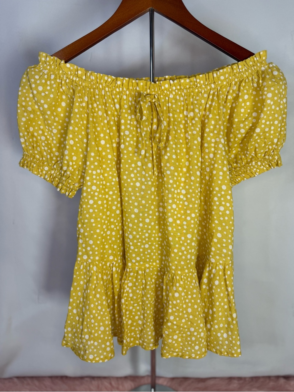 Joy Joy - 100% Cotton Yellow Polka Dot Off-Shoulder Puff Sleeve Blouse - Size XS